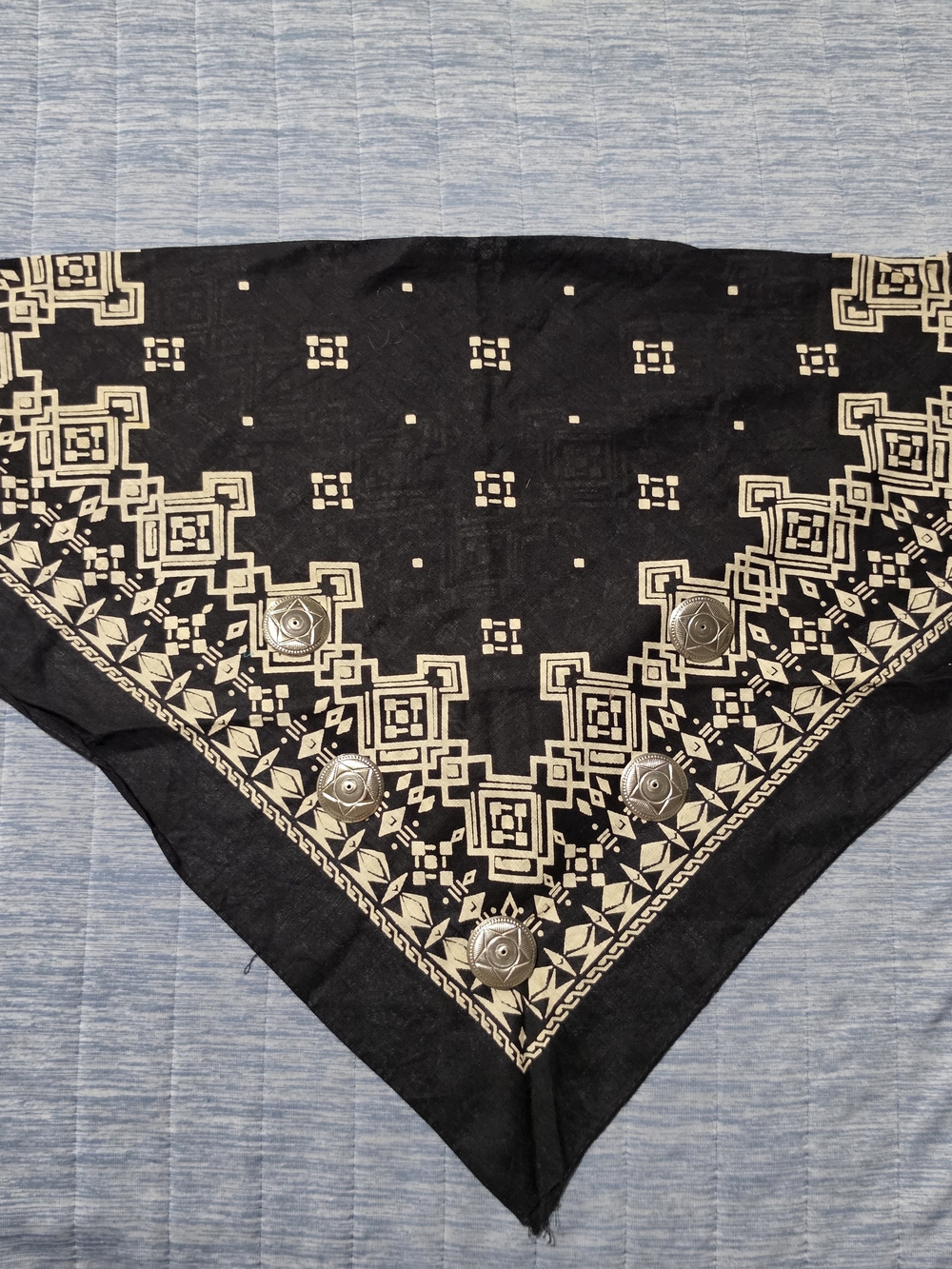 Vintage USA Cotton Bandana Western Concho Scarf Black Ivory Square Dance Cowgirl